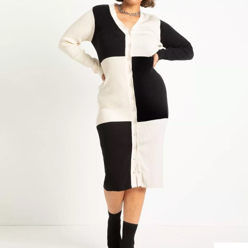 Colorblock Sweater Cardigan Dress Black/Eggnog